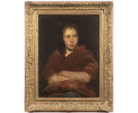 WILHELM LEIBL 1844 - 1900: A GIRL WITH HER ARMS CROSSED Ca. 1870 Oil on canvas 69,5 x 55 cm Signed: Unsigned The painting of 