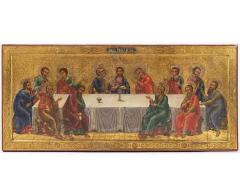 ICON - THE LAST SUPPER Ca. 1900 Russia Oil, wood, gilding 53 x 116,5 cm Traditional church theme in the elaboration of the Or