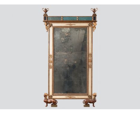 EMPIRE STYLE MIRROR Kolem 1800 glass, gilded wood, underpainting on glass 177 x 96 cm A rare Italian early Empire mirror held