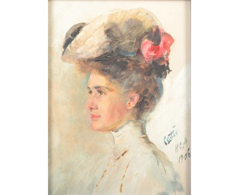 Portrait of an Edwardian beauty Oil on board Initialled KGH, named Cattie and dated 1906 20 x 14.5cm