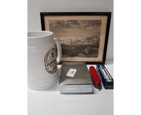 LOT COMPRISING OF FRAMED ETCHING OF NORTH SHIELDS AND SWISS ARMY KNIFE PLUS GUINNESS TANKARD ETC