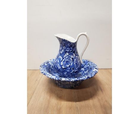 BLUE AND WHITE FLORAL BLAKENEY IRONSTONE TOILET JUG AND BASIN