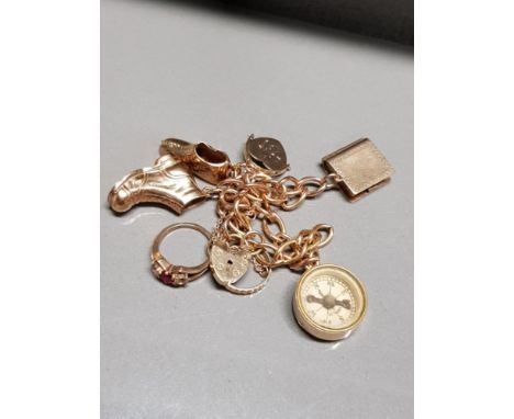 FULLY HALLMARKED 9CT CHARM BRACELET WITH LOCK AND 6 HALLMARKED CHARMS INCLUDING WORKING COMPASS 20.48G