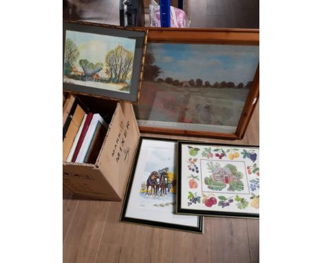 BOX OF FRAMED PRINTS TAPESTRY AND WATERCOLOURS