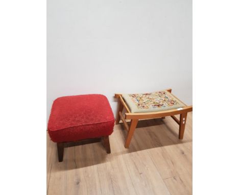 TEAK FRAMED TAPESTRY SEATED FOOTSTOOL AND ONE OTHER