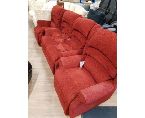 3 PIECE SUITE COMPRISING OF 2 ARMCHAIRS AND 1 TWO SEATER SOFA UPHOLSTERED IN A RED FABRIC