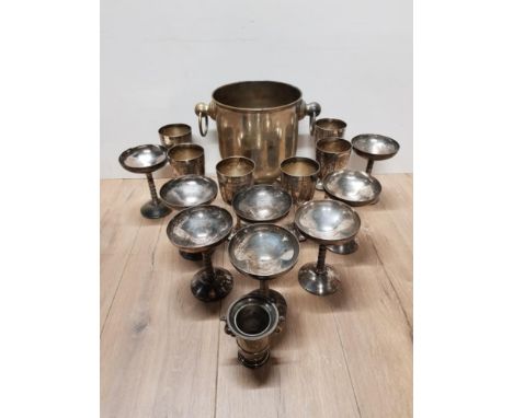 QUANTITY OF SILVER PLATED PIECES INCLUDES GOBLETS PLUS TWIN HANDLED WINE COOLER ETC