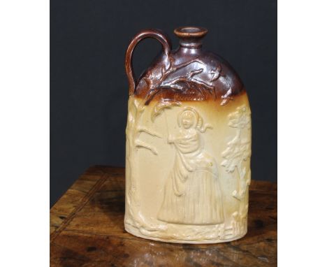 A Stephen Green Lambeth brown and buff salt glazed stoneware flask, moulded in relief with named depictions of Miss Prettyman