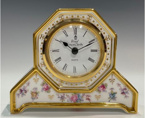 A Royal Crown Derby Royal Antoinette pattern miniature mantel clock, 11cm high, first quality 
