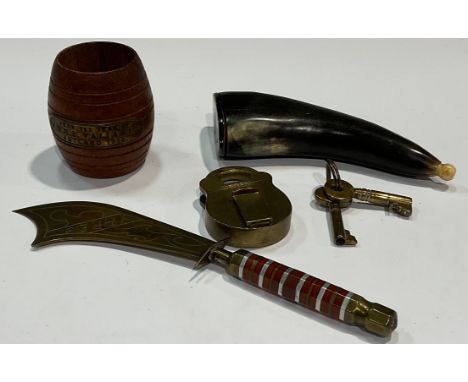 Trench Art - Ypres paper knife; brass padlock and keys; horn powder flask; teak of HMS Valiant, Jutland 1916 banner 