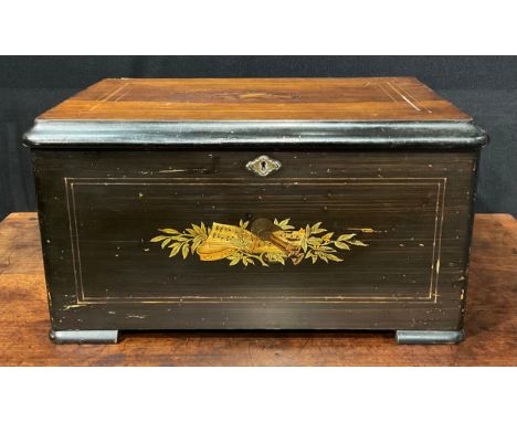 A 19th century Swiss rosewood and marquetry rounded rectangular bells-in-sight orchestral music box, 15cm barrel playing eigh