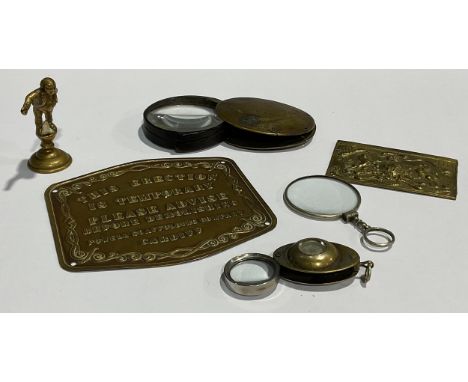 Boxes and Objects - a brass and horn folding magnifying glass, a combination eyeglass/compass; a brass pipe tamper, as a gent