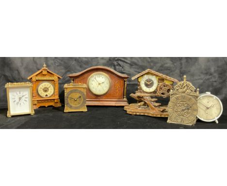 A Walker and Hall mahogany inlaid mantel clock; a musical clock; carriage clocks (7) 