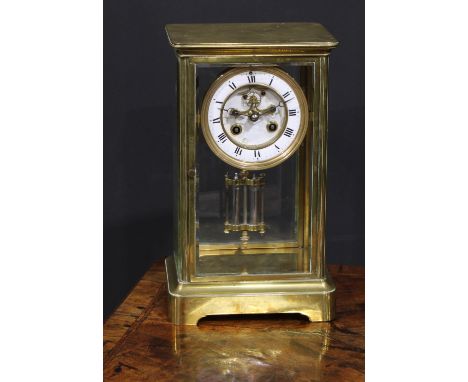 A late 19th century French lacquered brass four glass mantel clock, 9.5cm dial with Arabic chapter inscribed with Roman numer