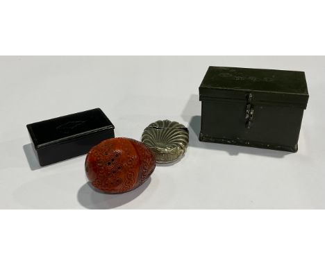 A 19th century paper mache snuff box; a Vesta case; a coquilla nut pomander; a World War II military vehicle component box, m