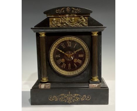A late 19th/early 20th century belge noir architectural mantel clock, Roman numerals on black dial, twin winding holes, 29cm 