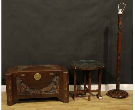 A Southeast Asian camphor lined chest, 56cm high, 102cm wide, 54.5cm deep; a similar folding occasional table, 61cm high, 61c