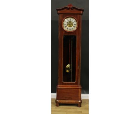 An early 20th century mahogany longcase hall clock, by Gustav Becker, shaped cresting carved with a shell, 25cm silvered dial