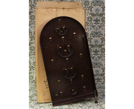 Juvenalia - an 'Art Deco' style mottled brown bakelite bagatelle board, by Napro Productions, boxed, first-half 20th century 