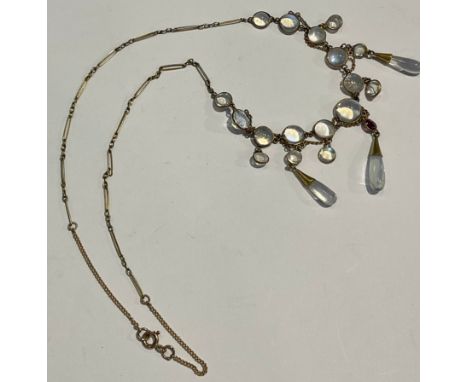 A Belle Epoque 9ct gold moonstone necklace, single band of graduated polished hemispherical stones, suspended with three poli
