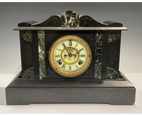 A late 19th century marble mounted black slate mantel clock, architectural case, the movement by The Ansonia Clock Company, N