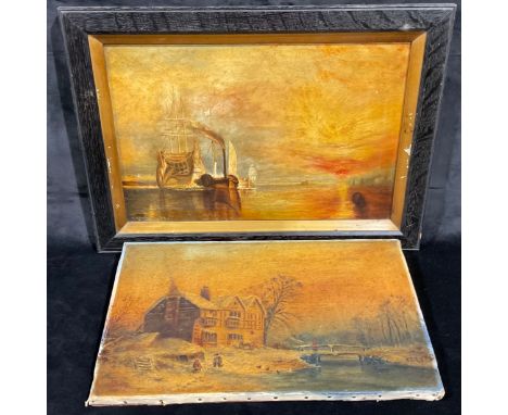 Pictures and Prints - after, JMW Turner, The Fighting Temeraire, signed, oil on canvas, 29cm x 44.5cm; J. Button, Winter Scen