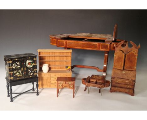 A group of modern model furniture pieces by Ian Glasspool, to include: a bureau cabinet, 19cm high; an oak dresser, 15cm high
