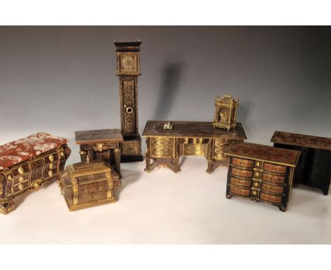 A group of modern model 'boulle' furniture pieces by Ian Glasspool, to include: a marble topped commode; two clocks; a bureau