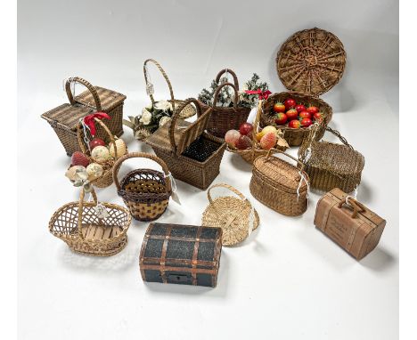 A group of small dolls' baskets and food, two include two wicker hampers; two baskets with painted fruits and berries; a circ
