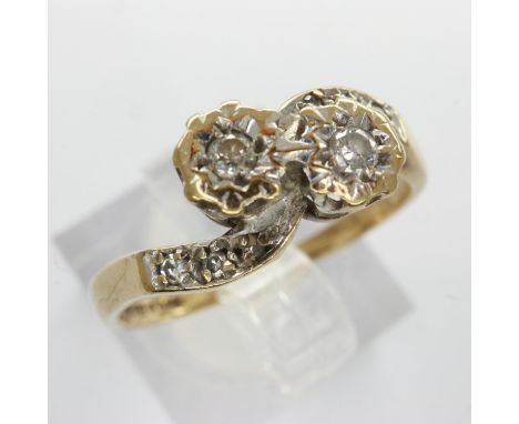 9ct gold crossover ring set with diamonds, size M/N, 2.2g. UK P&amp;P Group 0 (£6+VAT for the first lot and £1+VAT for subseq