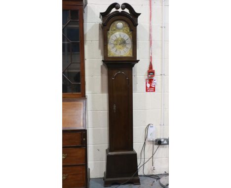 George III mahogany long case clock with 45 cm brass and silvered dial, with corner mask and scroll spandrels, silvered chapt