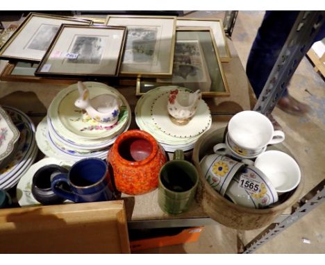 Shelf of mixed ceramics including two Denby 1953 Coronation mugs. Not available for in-house P&amp;P 