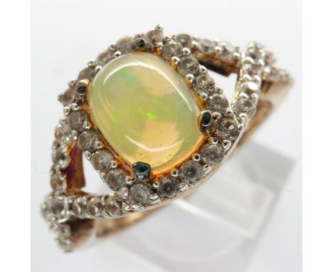 925 silver ring with 14ct gold overlay set with cubic zirconia and a central opal, size Q/R, 4.2g. UK P&amp;P Group 0 (£6+VAT