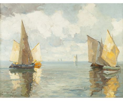 ERICH MERCKER (1853-1927) OIL PAINTING ON CANVAS SEASCAPE WITH FISHING BOATS, SIGNED LOWER LEFT AND 'MCHN' (Munchen) 25 3/4" 