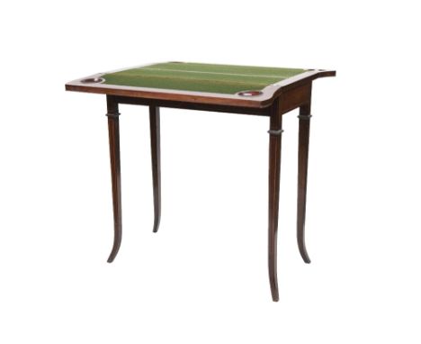 EDWARDIAN LINE INLAID MAHOGANY CARD TABLE, the swivel, shaped oblong top with two short leaves opening from the centre, enclo