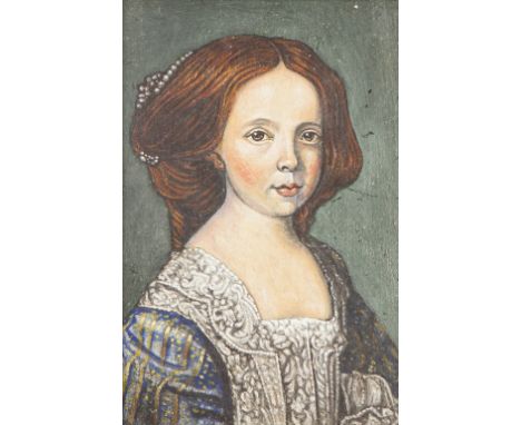UNATTRIBUTED  OIL PAINTING ON PANEL  Half length portrait of a young  woman in period costume  6" x 4 1/4" (15cm x 11cm)  