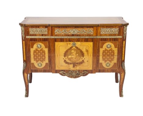 LOUIS XVI STYLE MODERN MARQUETRY INLAID AND GILT METAL MOUNTED WALNUT AND KINGWOOD COMMODE, the shaped oblong top with wide c