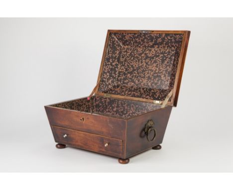 REGENCY MAHOGANY SARCOPHAGUS SHAPED WORK BOX, with boxwood line inlaid edges, drawer below with compartmented interior, ivory
