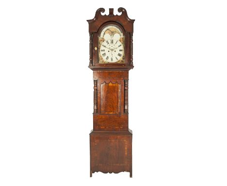 EARLY NINETEENTH CENTURY FLAME CUT AND CROSSBANDED MAHOGANY LONG CASE CLOCK, with rolling moonphase, the 14" painted Roman di