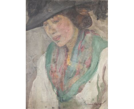 (DAME) LAURA KNIGHT (1877-1970) OIL PAINTING ON BOARD Bust length self portrait with brimmed hat an coloured scarf,  Signed 1