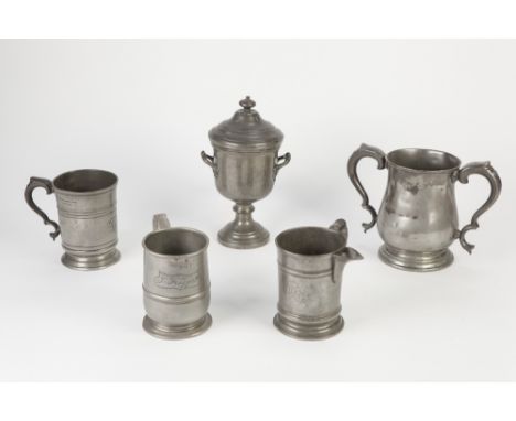 THREE NINETEENTH CENTURY ANTIQUE PEWTER PINT TANKARDS, one with a side spout, NINETEENTH CENTURY TWO HANDLED BALUSTER LOVING 