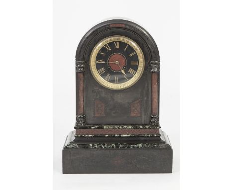 LATE VICTORIAN BLACK SLATE MANTEL CLOCK WITH VEINED MARBLE TRIM, the 6" Roman dial powered by a drum shaped movement striking