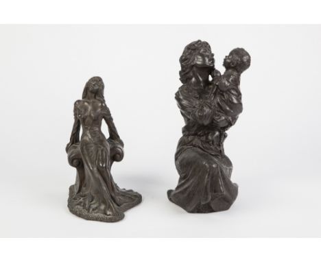 TWO SMALL IMITATION BRONZE SEATED FEMALE FIGURES, one modelled with child, 9 ½" (24.1cm) high, the other modelled reclining, 