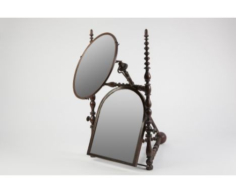 LATE NINETEENTH/ EARLY TWENTIETH CENTURY TURNED AND LINE INLAID WALNUT COMBINATION SHAVING AND TOILET MIRROR, the circular sh