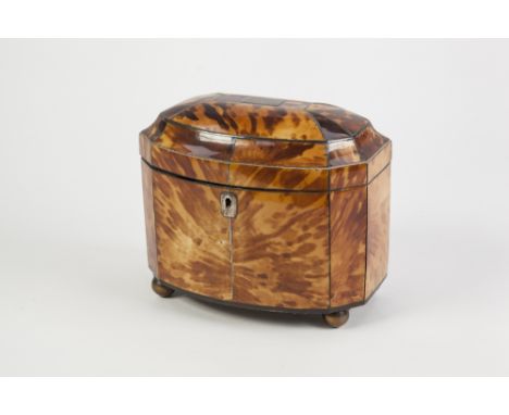 NINETEENTH CENTURY BLONDE TORTOISESHELL TEA CADDY, of bow fronted oblong form with initialled silver coloured metal oblong ca