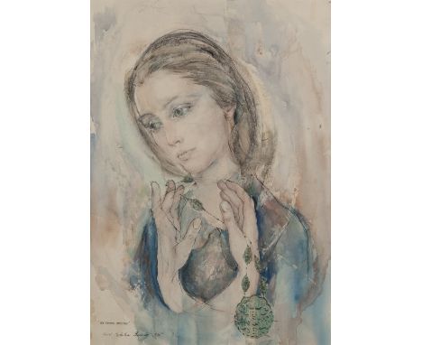 CAROL MAGDALENA BEDNAR (Twentieth Century) WATERCOLOUR DRAWING  Bust portrait of a lady 'The Chinese Necklace'  Signed, title