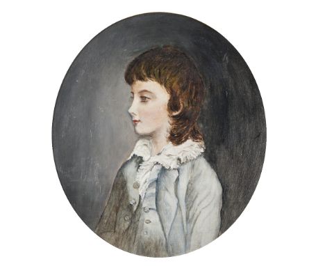NINETEENTH CENTURY ENGLISH SCHOOL  OIL PAINTING ON BOARD  Half length portrait of a boy oval 13 1/2" x 12" (34.5cm x 30.5cm) 