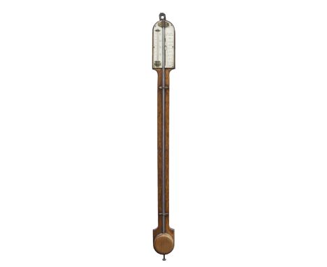 BARLOW, STOCKPORT, NINETEENTH CENTURY WALNUT STICK BAROMETER, the two piece bone scale marked from 27-31, signed, with thermo