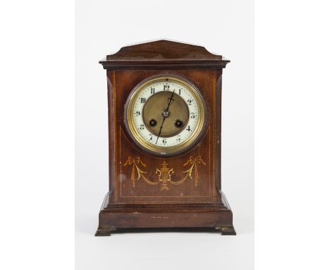 EDWARDIAN INLAID MAHOGANY CASED MANTEL CLOCK with R & Co., French movement striking on a coiled gong, 11 1/4" (28.5cm) high