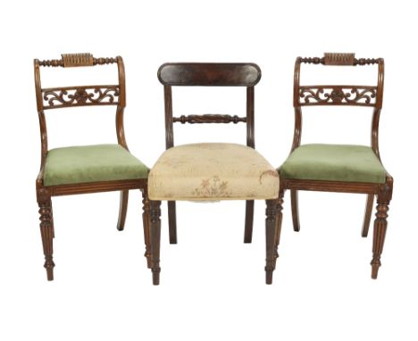 PAIR OF REGENCY ROSEWOOD SINGLE CHAIRS,  with scroll backs having turned and fluted top rail, curved panel ladder rail, carve